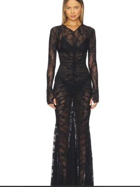 Norma Kamali Black Long-Sleeve Ruched Lace Gown- Revolve